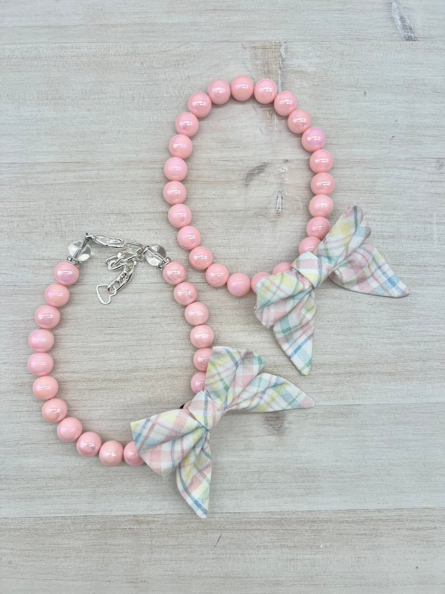 Spring Mini Pink Plaid Bow with Pink Pearl Necklace