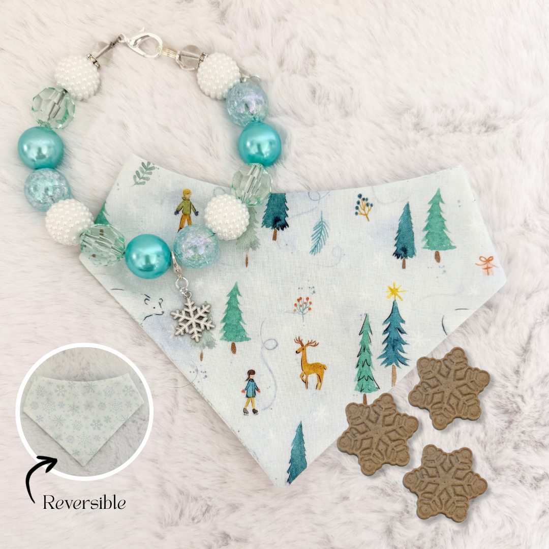 WINTER WONDERLAND NECKLACE, TREATS, CHARM, & REVERSIBLE BANDANA BUNDLE