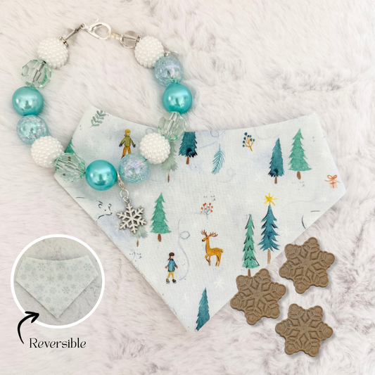 WINTER WONDERLAND NECKLACE, TREATS, CHARM, & REVERSIBLE BANDANA BUNDLE