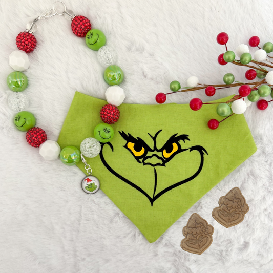 GRINCH NECKLACE, TREATS, CHARM, & BANDANA BUNDLE